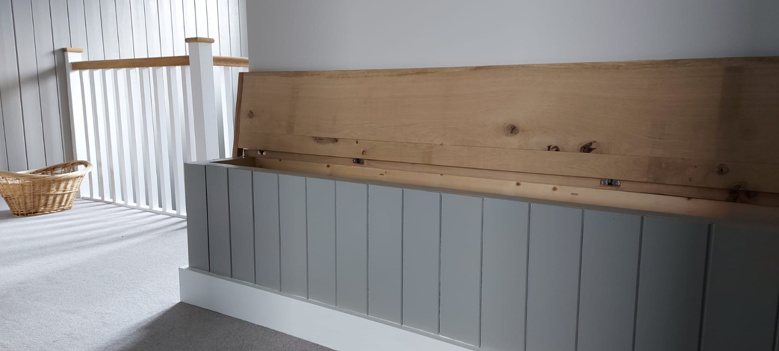 Mmh built in oak storage cabinet with the lid open